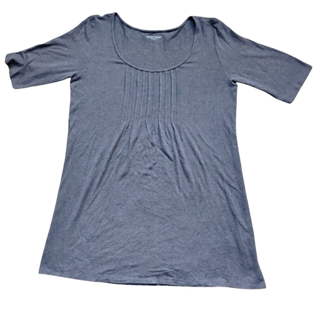 Eileen Fisher Gray Tunic Top XS Pleated Scoop Neck Elbow‎ Sleeve Casual